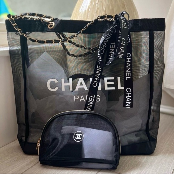 CHANEL Handbags - Chanel Black Mesh Tote Bag Beauty with Pouch